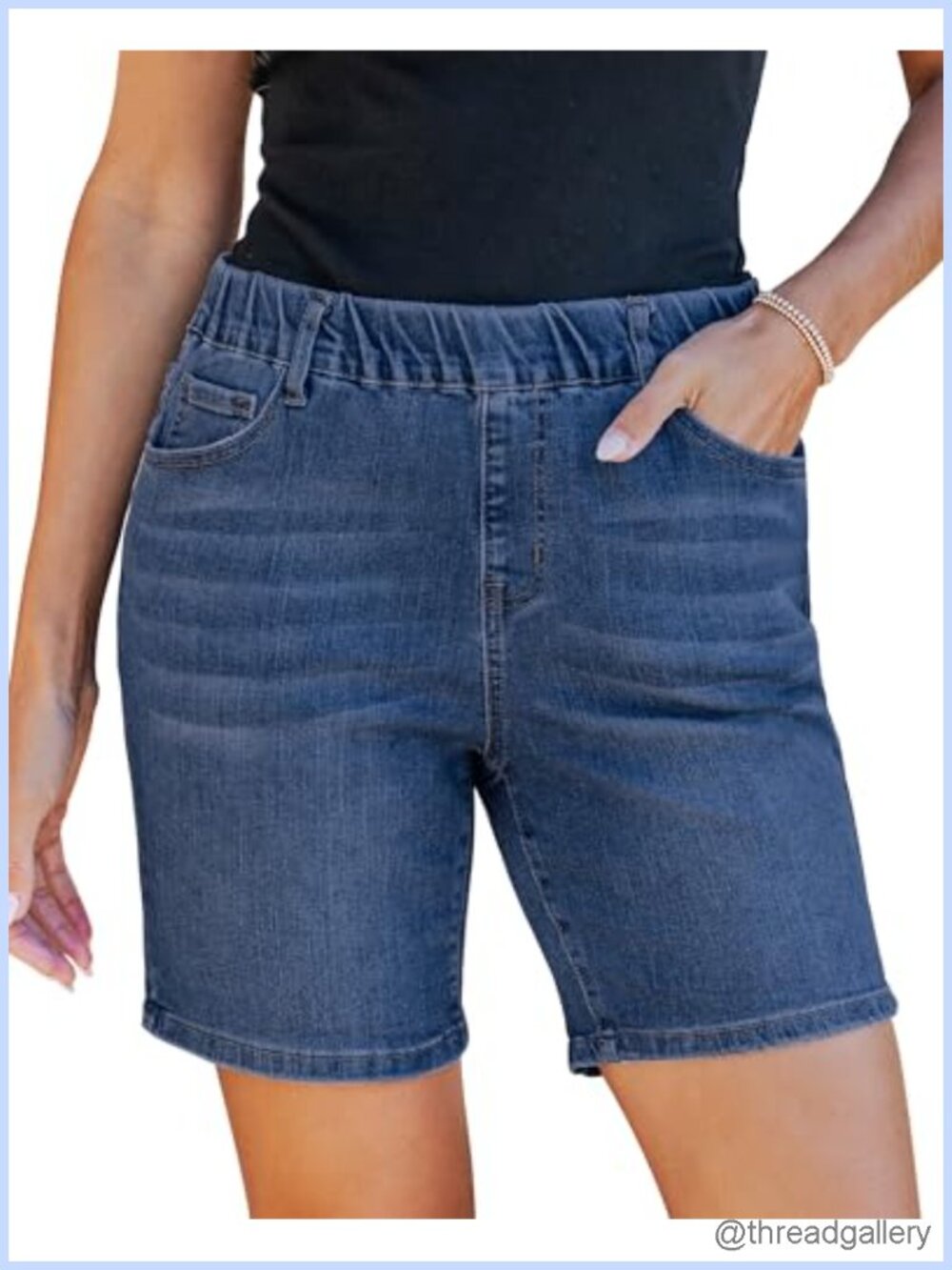 Women's Mid Rise Pull On Elastic Waist Denim Shorts 7" Inseam Stretchy